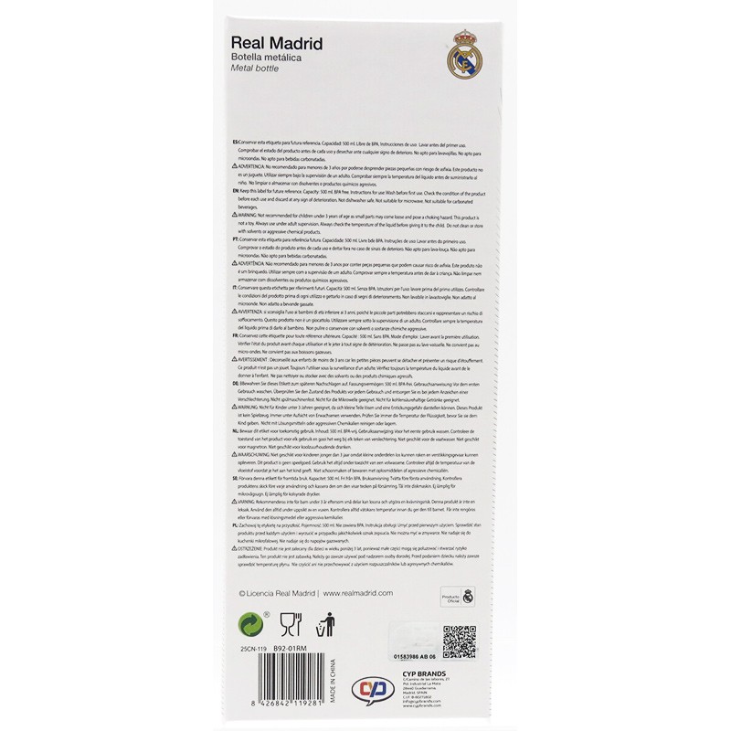 REAL MADRID BOTELLA AZUL CON COLOR RUBBERIZADA DE DOBLE PARED