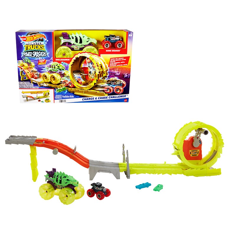 HOTWHEELS MONSTER TRUCKS RACE & CHASE CHALLENGE PISTA CON 2 COCHES