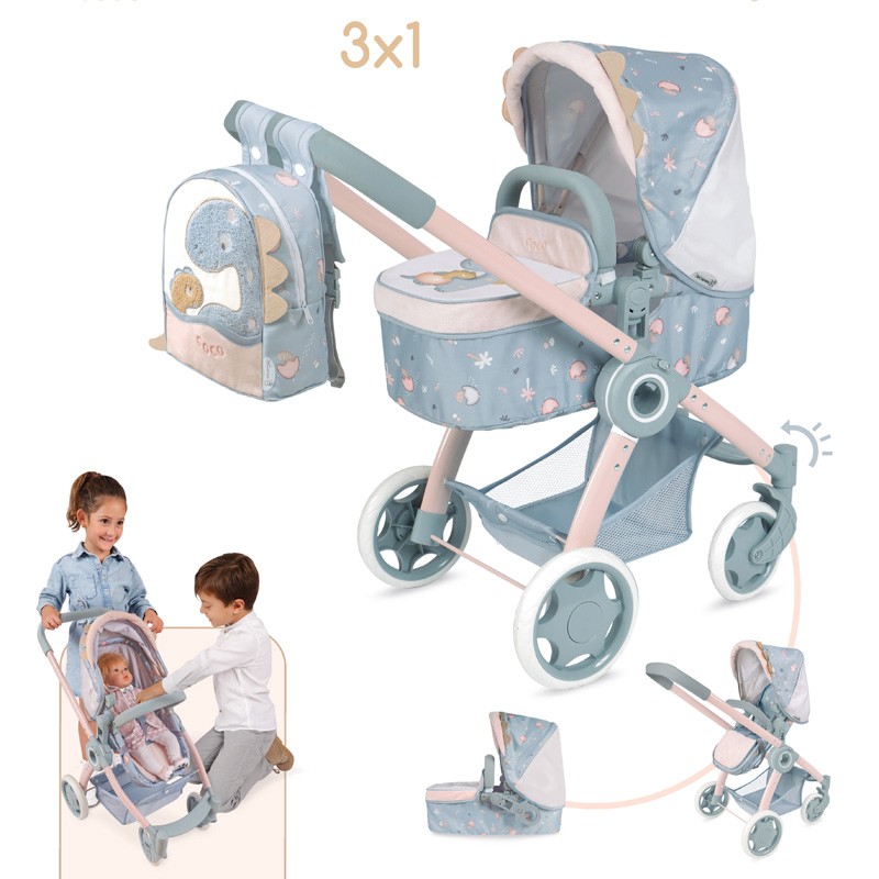 COCO COCHE DE MUÑECA 3X1 PLEGABLE CON MOCHILA PARA MUÑECAS DE HASTA 48 CM.